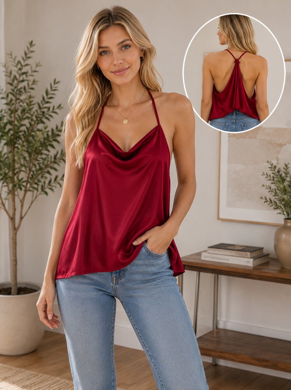 NWT Victoria’s Secret Satin Halter Cowl Neck Cami Top Burgundy XXL